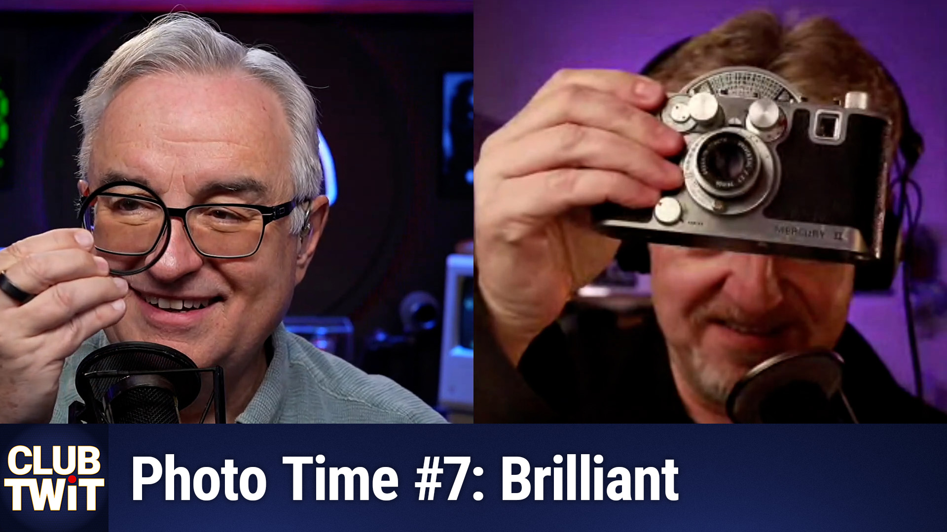 A split-screen photograph features Leo Laporte and Chris Marquardt. Chris is holding a vintage film camera. "Club TWiT Photo Time #7: Brilliant" text overlay. The background is a dimly lit studio with blue and purple lighting.
