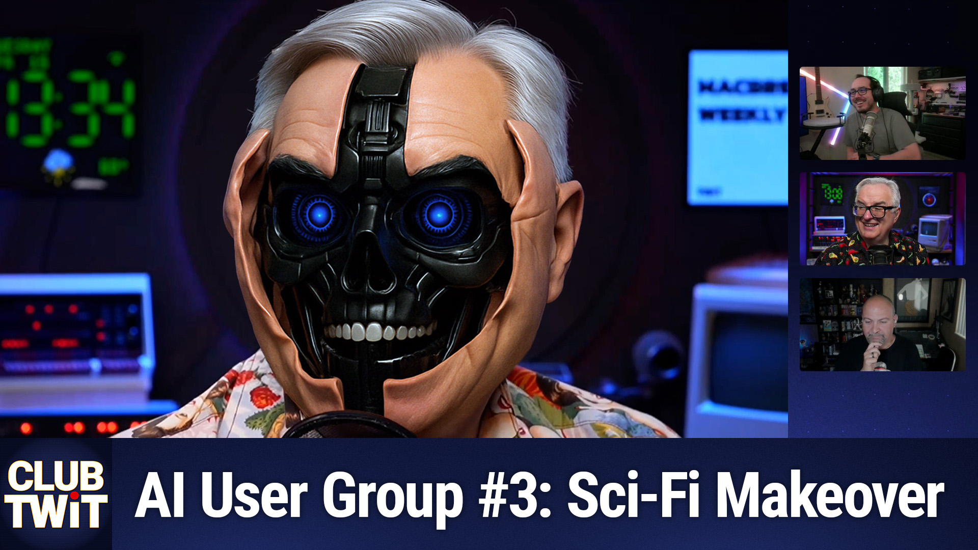 Close-up of a video-call thumbnail for “Club TWiT – AI User Group #3: Sci-Fi Makeover.” • Main frame: a man in a floral shirt sits at a microphone; half of his human face has peeled away to reveal a black, glowing-blue robotic skull beneath, giving a dramatic cyborg effect. Vintage tech gear glows softly in the blurred studio background (green LED clock, retro CRT, rack equipment). • Right sidebar: three stacked webcam windows show the meeting’s other participants—top: a smiling man in a headset, middle: th