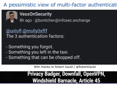 Privacy Badger, Downfall, OpenVPN, Windshield Barnacle, Article 45