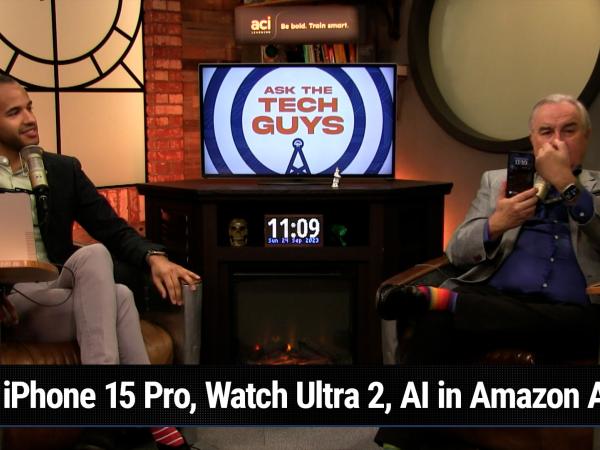Leo Laporte and Mikah Sargent with the Apple Watch 15 Pro Max and the Apple Watch Ultra 2