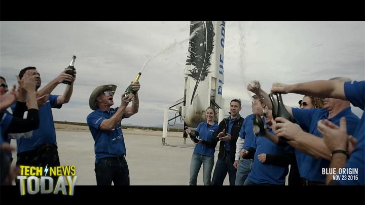 Amazon CEO Jeff Bezos launches a rocket into space and then lands it gently back on earth.