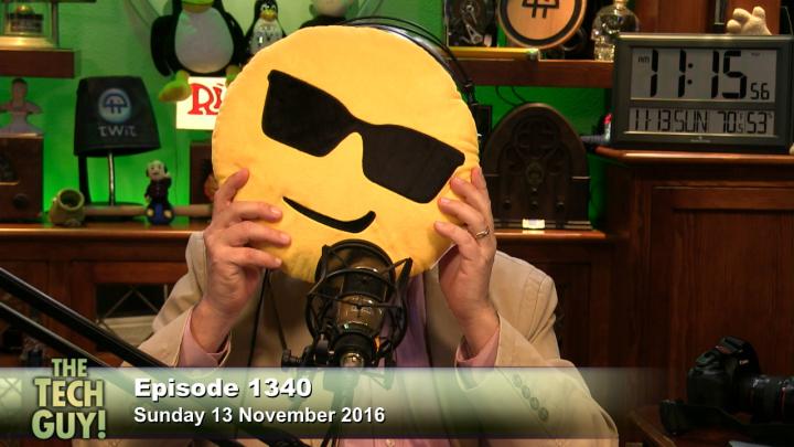Leo Laporte with sunglasses emoji pillow