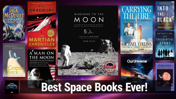 A collage of space books