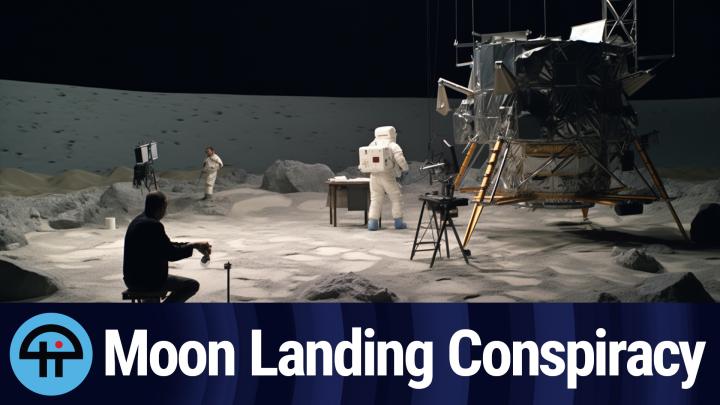 A moon landing being filmed on a sound stage
