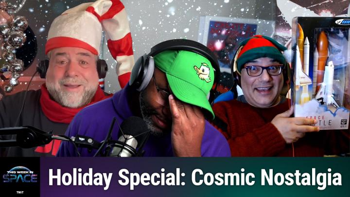 Three men in holiday hats are in a festive setting. Rod Pyle on the left is smiling, Ant Pruitt in the middle covers his face, and Tariq Malik on the right is holding a model rocket. Text reads "Holiday Special: Cosmic Nostalgia.