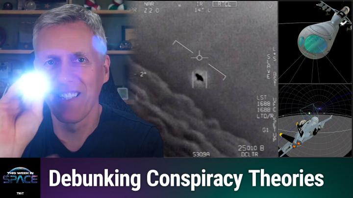A composite image featuring a photograph of Mike West holding a flashlight, on the left. In the center, there is a black-and-white infrared image of the ”Gimbal" UFO. On the right, a digital rendering of a fighter jet. The background is black, and text at the bottom reads "Debunking Conspiracy Theories" in white.