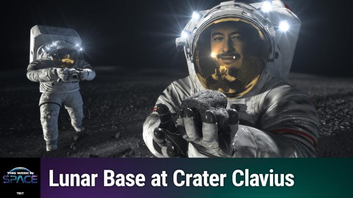 This digitally created image features two astronauts in space suits, holding a rock in their gloved hands. The foreground astronaut is prominent, with a detailed, reflective helmet visor showing a serious expression. The background is a dark, starry space with a distant Earth visible. The image has a text overlay: "Lunar Base at Crater Clavius."