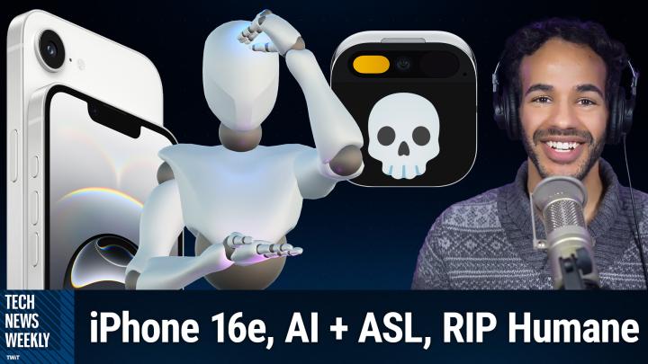 The image is a digital composite featuring a CGI humanoid robot with a white, smooth, and sleek body, performing American Sign Language. In the background, the Apple iPhone 16e. To the right, Mikah Sargent with curly hair, a beard, and wearing headphones, smiles and speaks into a microphone. The text reads, "iPhone 16, AI + ASL, RIP Human." The background is dark blue.