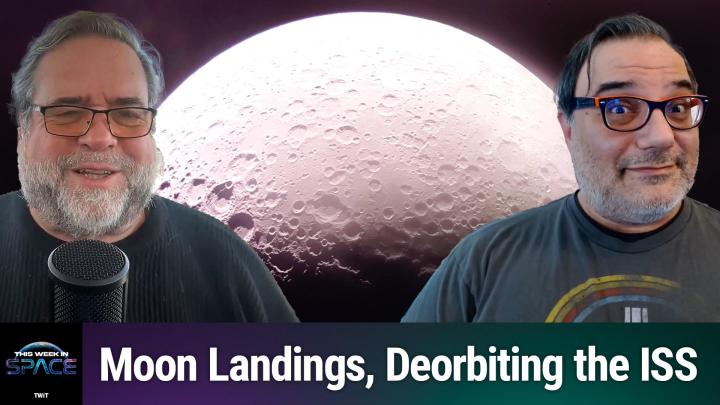 A photograph features two middle-aged men, both with beards and glasses, standing side by side against a backdrop of a detailed lunar surface. Rod Pyle on the left wears a black shirt, while Tariq Malik on the right wears a gray shirt with a rainbow design. They are in front of a microphone, suggesting a live podcast or interview setting. The background text reads "Moon Landings, Debilitating the ISS" and “This Week in Space.”