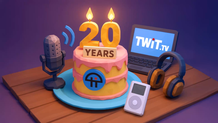 This digital illustration depicts a 20th-anniversary celebration for TWiT. At the center is a yellow cake with pink icing and the TWiT logo, topped with lit candles and a "20 Years" sign. Surrounding the cake are a retro microphone, a pair of headphones, an open laptop showing the TWiT.tv logo, and an iPod. The background is a gradient purple, and the objects are placed on a wooden table.