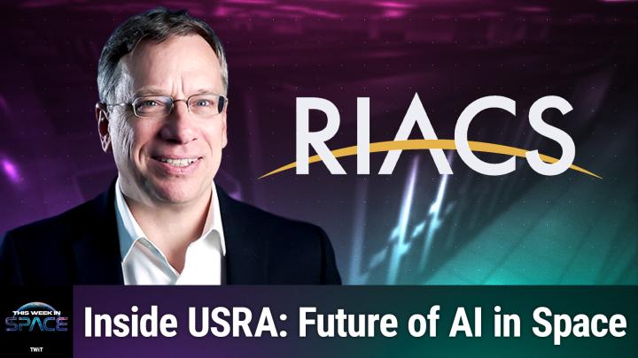 Dr. David Bell, a middle-aged man with short light brown hair and glasses, is smiling while wearing a white shirt and dark blazer. He stands in front of a digital background featuring the USRA logo—white letters in a circle on a purple and teal gradient space-themed backdrop. At the bottom, large text reads: ‘Inside USRA: Future of AI in Space.’ The bottom-left corner displays the ‘This Week in Space’ podcast logo.