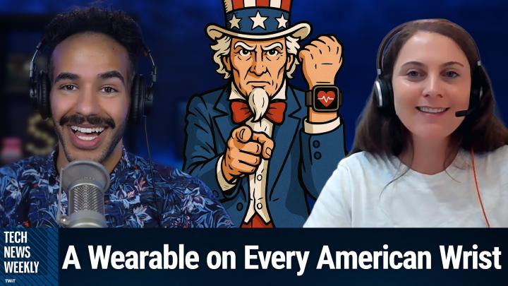 Mikah Sargent and Emily Forlini and a drawing of Uncle Sam wearing a health tracker